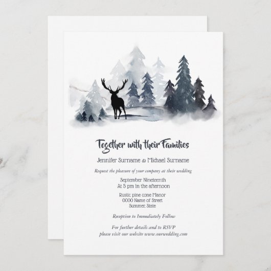 濃い青のグレーの水色の森のスタグシルエット 招待状 (正面/裏面)