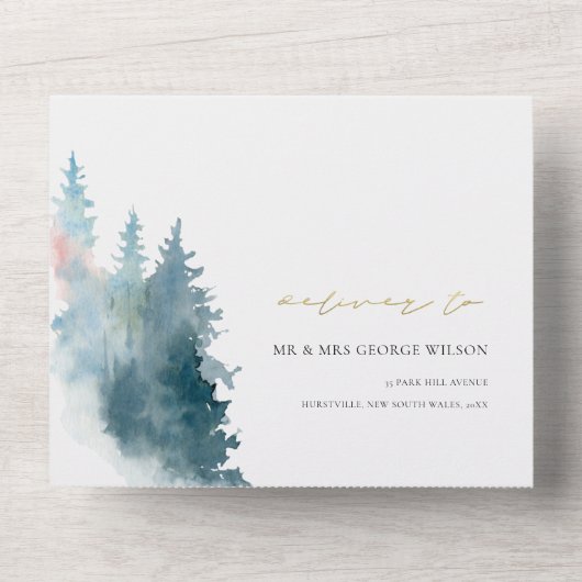 濃い青のピンクの山々パイン水色結婚の オールインワン招待状 (正面)