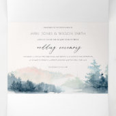 濃い青のピンクの山々パイン水色結婚の 三つ折り招待状 (内部中)