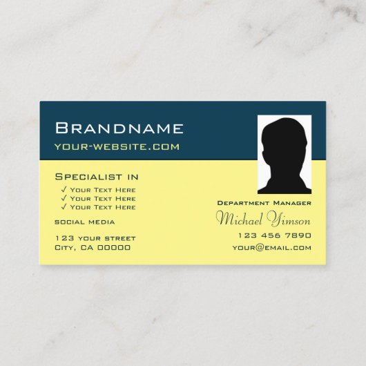 濃い青のライトイエロー、モノグラムと写真 名刺 (裏面)