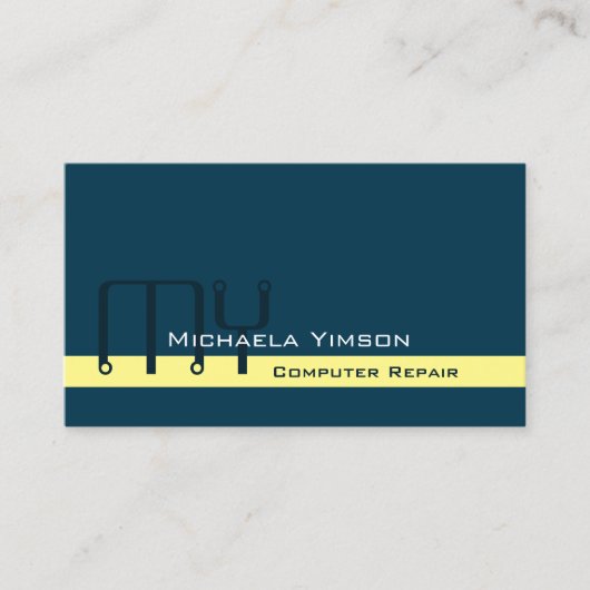 濃い青のライトイエロー、モノグラムと写真 名刺 (正面)