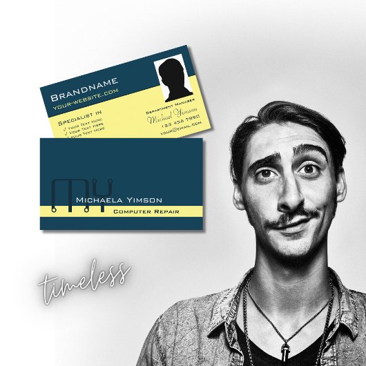 濃い青のライトイエロー、モノグラムと写真 名刺