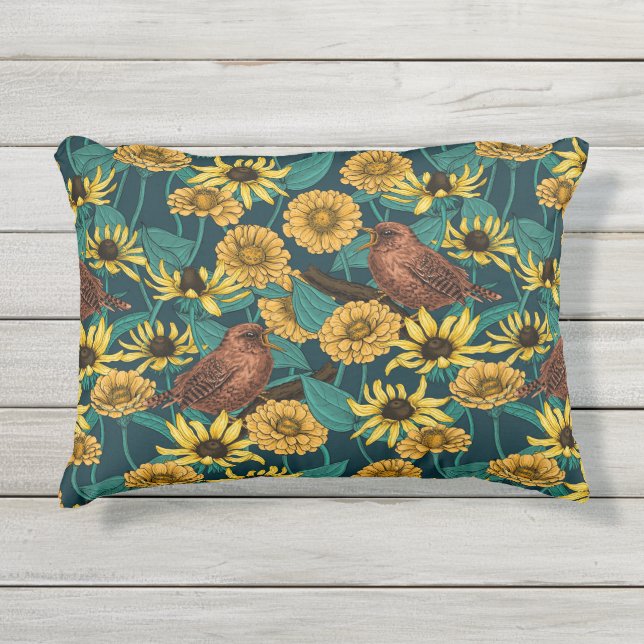 濃い青のレンツと花 アウトドアクッション (正面)