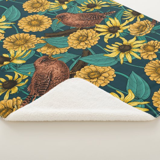 濃い青のレンツと花 シェルパブランケット (3/4)