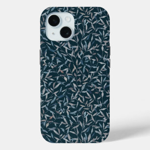 濃い青の上にボタニカル離れウォーターカラーの青い青 iPhone 15ケース