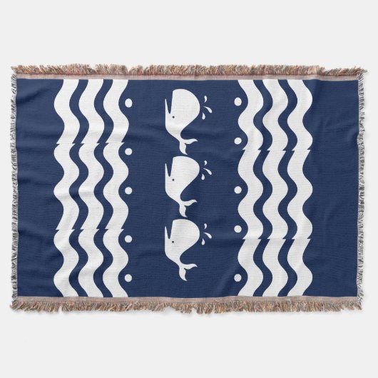 濃い青の上の漫画の白いクジラ スローブランケット (正面)