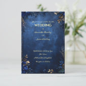 濃い青の大理石の背景に、素朴な花をあしらったデザイン 招待状 (スタンド正面)