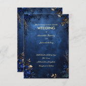 濃い青の大理石の背景に、素朴な花をあしらったデザイン 招待状 (正面/裏面)