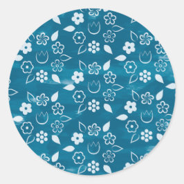 濃い青の春と夏の花柄 ラウンドシール