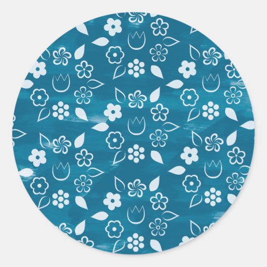濃い青の春と夏の花柄 ラウンドシール (正面)