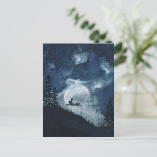 濃い青の水色の夜空ハレ満月の丘 ポストカード (スタンド正面)