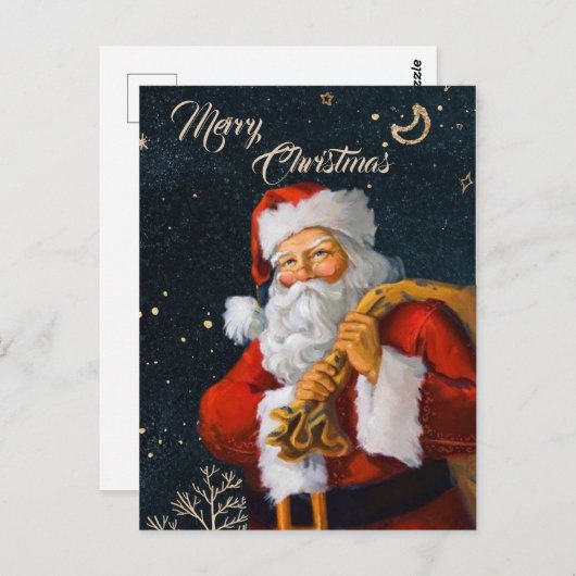 濃い青の水色の背景に赤いサンタ ポストカード (正面/裏面)