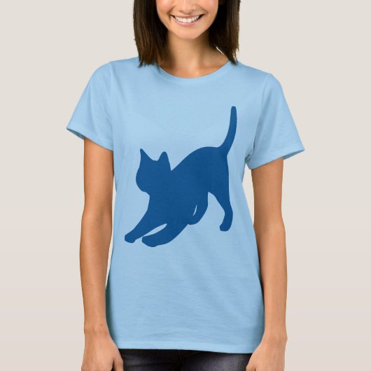 濃い青の猫のストレッチシルエット Tシャツ (正面)