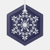 濃い青の白い雪片 ガラスオーナメント (正面)