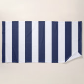 濃い青の白パタストライプのーン ビーチタオル (正面)