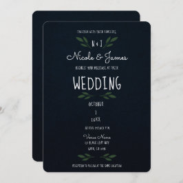 濃い青の緑葉のモダン緑結婚の 招待状