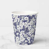 濃い青の線スケッチ繊細なフローラ牡丹シダ 紙コップ (裏面)