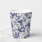 濃い青の線スケッチ繊細なフローラ牡丹シダ 紙コップ (正面)