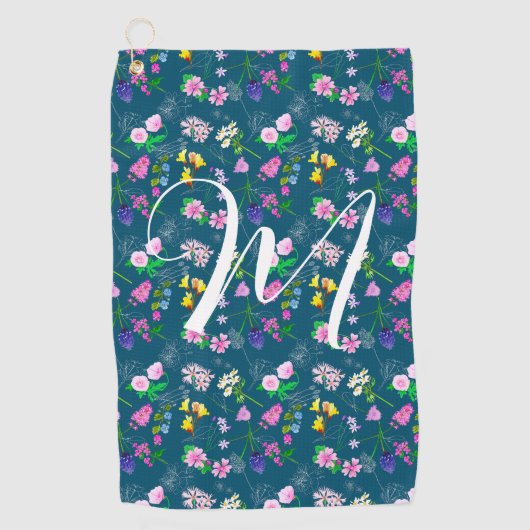 濃い青の繊細な山花。カスタム ゴルフタオル (正面)