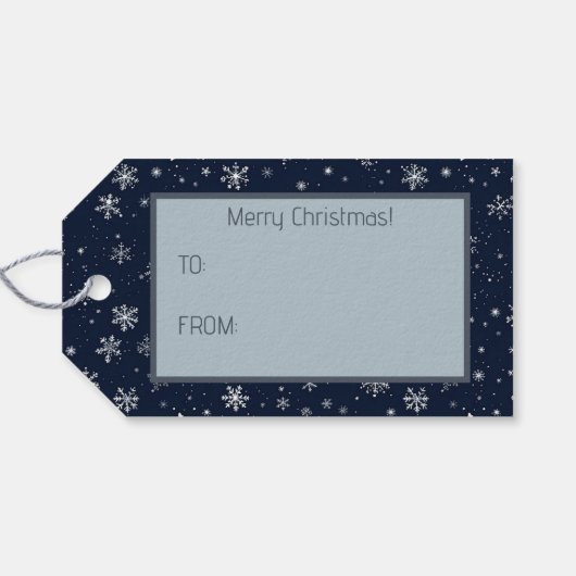 濃い青の背景に白い雪 ギフトタグ (裏面横)