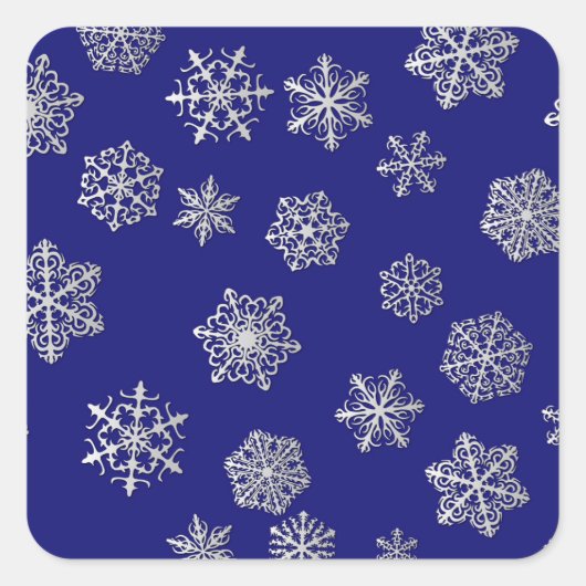 濃い青の背景に銀色の雪が積もっている スクエアシール (正面)