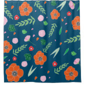 濃い青の背景のカラフル花のパターン シャワーカーテン (正面)