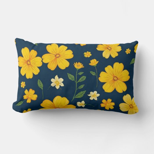 濃い青の背景の黄色い花 ランバークッション (正面)