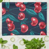濃い青の赤いさくらんぼ キッチンタオル (折り畳み)