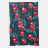 濃い青の赤いさくらんぼ キッチンタオル (縦)