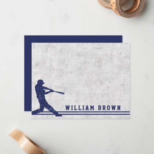 濃い青の野球のシルエットに名前をカスタマイズ ノートカード (正面/裏面インサイチュ)