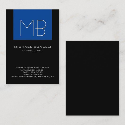 濃い青の黒い背景モノグラムの 名刺 (正面/裏面)