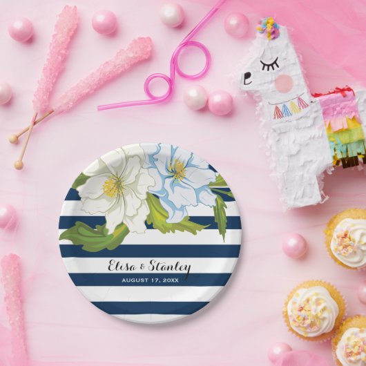 濃い青ストライプい花モダン結婚フローラ ペーパープレート (パーティー)