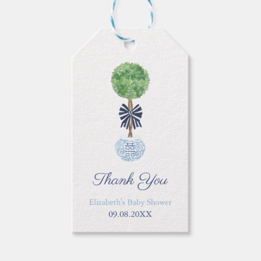 濃い青名門私立校風のい弓ボクウッドのトピアリー赤ちゃんシャワー ギフトタグ (正面)