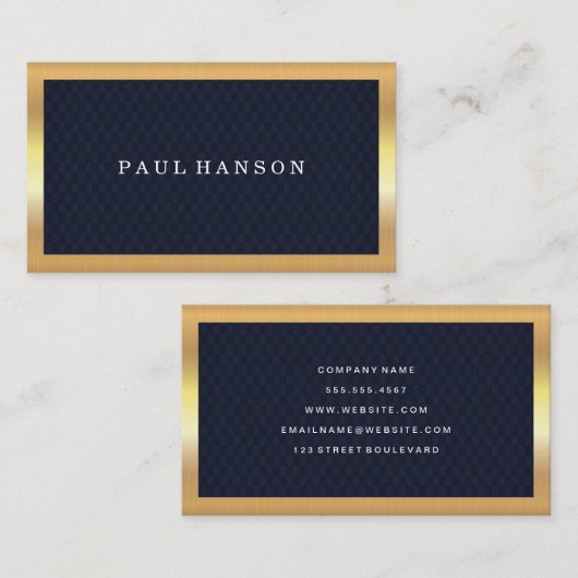濃い青市松模様に | 金ゴールドフレーム金属 名刺 (正面/裏面)