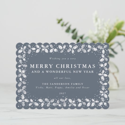 濃い青灰色のホリーデザイン枠 フラット フォトなし シーズンカード (スタンド正面)