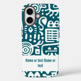 濃い青緑と白の落書き iPhone 16ケース