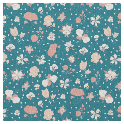濃い青緑の花のスケッチ ファブリック (クローズアップ)