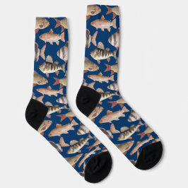 濃い青色の水彩魚柄 ソックス