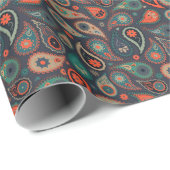 濃い青色の灰色に緑のオレンジ色のペイズリーパターン ラッピングペーパー (ロールコーナー)