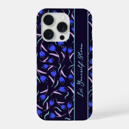 濃い青色の背景に春の花柄 iPhone 15 PROケース