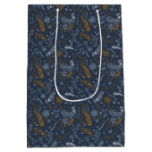 濃い青色の花の落書き ミディアムペーパーバッグ (裏面)