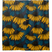 濃い青色の黄色い円錐花序 シャワーカーテン (正面)