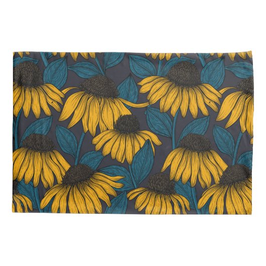 濃い青色の黄色い円錐花序 枕カバー (裏面-左)