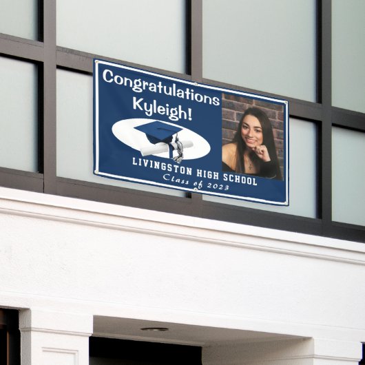 濃い青、白アクセント付きビニール卒業写真 横断幕