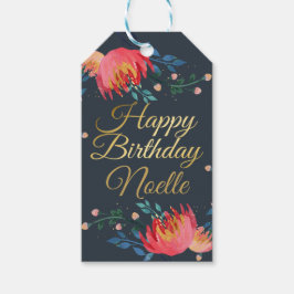 濃い青、花エレガント、お洒落金ゴールドアクセント ギフトタグ