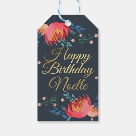 濃い青、花エレガント、お洒落金ゴールドアクセント ギフトタグ (裏面)