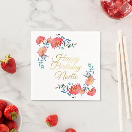 濃い青、花エレガント、お洒落金ゴールドアクセント スタンダードカクテルナプキン (インサイチュ)