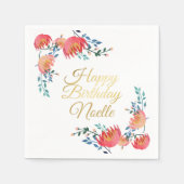 濃い青、花エレガント、お洒落金ゴールドアクセント スタンダードカクテルナプキン (正面)