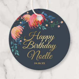 濃い青、花エレガント、お洒落金ゴールドアクセント フェイバータグ