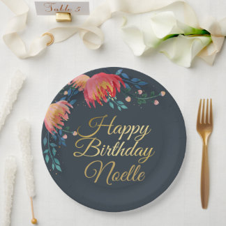 濃い青、花エレガント、お洒落金ゴールドアクセント ペーパープレート